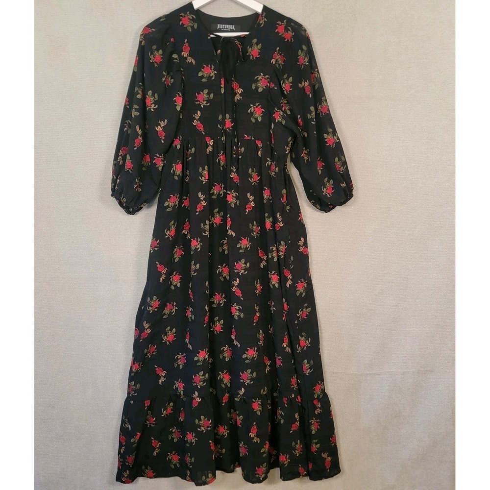 Disturbia Dress Darcey Dark Floral Chiffon Tiered Maxi Womens 2 Black Romantic